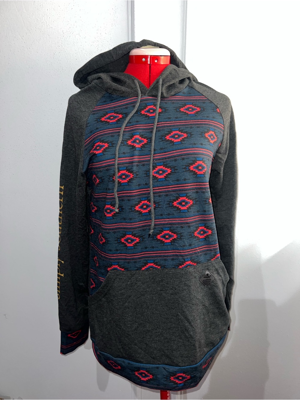 Simply Southern Dark Gray Hooded Pullover with Blue Pink Aztec Print medium